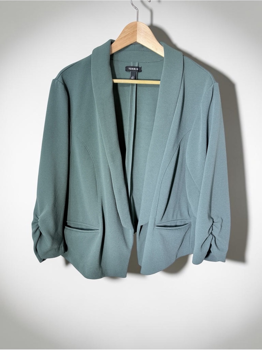 Torrid Open Front Quarter Sleeve Green Blazer 3